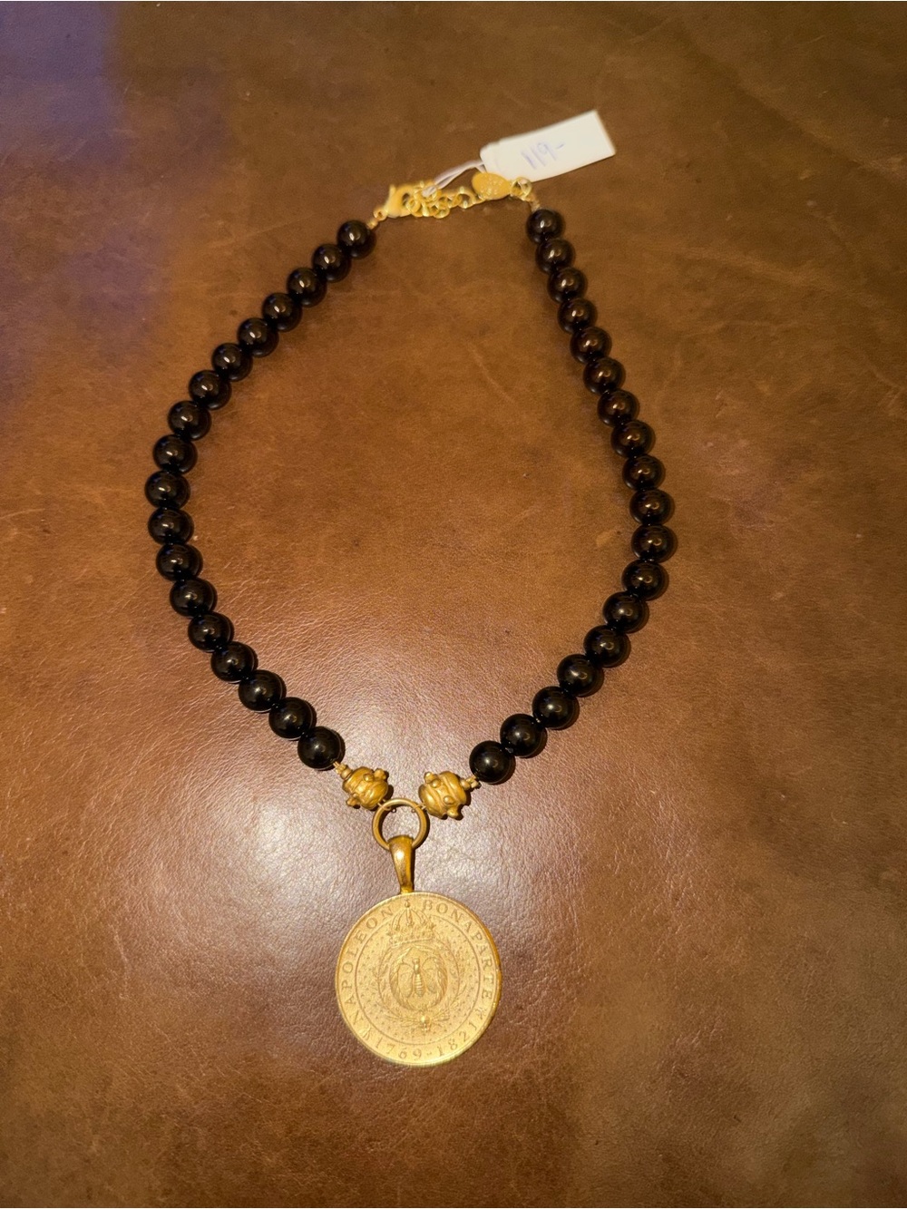 Susan Shaw - Black Bead Necklace with Gold Coin Pendant